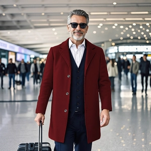 Elegant men's dark wine red wool blend mid-length coat in a professional business setting