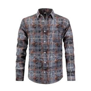 Classic men's wrinkle-resistant striped long sleeve shirt with plaid flannel texture
