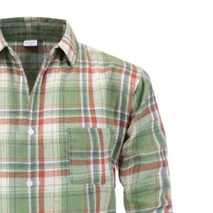 Chemise en flanelle à carreaux verts pour hommes, manches longues avec poche poitrine