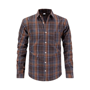 Camicia da uomo a maniche lunghe a righe con taschino sul petto in caffè e blu casual