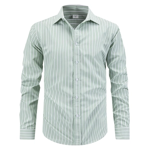 Heren slim fit overhemd met lange mouwen en groen-witte verticale strepen katoenmix