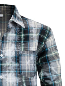 Detailed view of striped long sleeve shirt with front pocket and white buttons