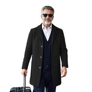 Elegant men's black wool blend mid-length coat with classic lapel and three-button closure