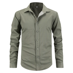 Chemise rayée à manches longues pour hommes vert olive avec col à revers classique