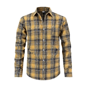 Mens long sleeve striped polo shirt with chest pocket and classic plaid pattern