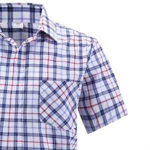 Classic short sleeve plaid business shirt with collar and single chest pocket for men