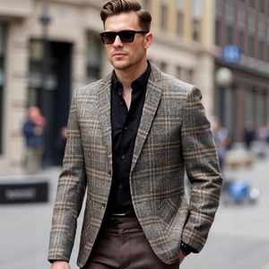 Classic coffee brown plaid casual blazer for men in a slim fit style for spring and autumn