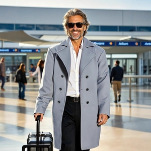 Classic double-breasted light blue wool trench coat for men with a business casual fit
