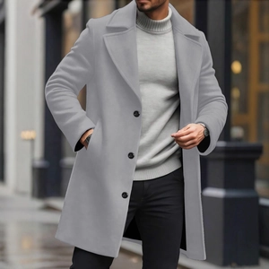 Slim fit light gray men's mid-length wool coat with single-breasted three-button design