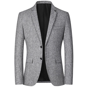 Men's casual grey textured blazer with notched lapels and two-button closure on white background