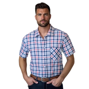 Classic red and blue plaid short sleeve business casual shirt for men with chest pocket