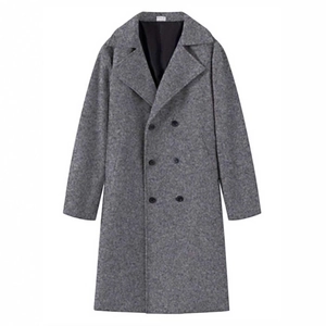 Classic men's double-breasted grey wool blend long coat with a sleek lapel design