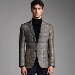 Men Plaid Blazer Jacket Linen Blend Notch Lapel Single Breasted Suit Coat For Business Casual Party Professional Wear
