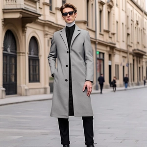 Classic men's light grey long wool blend trench coat in a slim fit business style