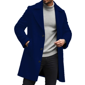 Men's slim fit dark blue mid-length wool coat with stylish lapels and button closure