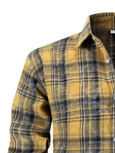 Detail showing soft flannel texture and pointed collar on yellow plaid shirt for men