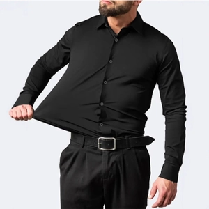 Men's black slim fit stretch business shirt showing flexible non-iron fabric