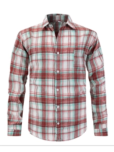 Close-up of red and teal plaid pattern on long-sleeved shirt with button-down chest pocket