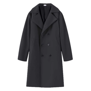Manteau long noir en laine pour hommes avec double boutonnage classique et revers cranté