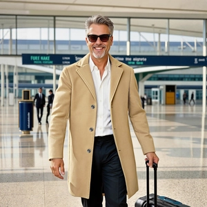Classic camel men's mid-length wool coat with a slim fit lapel design for business