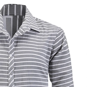 Men's business casual long sleeve shirt featuring grey and white horizontal stripes