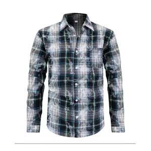 Men's Casual Long Sleeve Plaid Shirt Polyester Turn-down Collar Button Down Bleached Checkered Top For Daily Wear Party