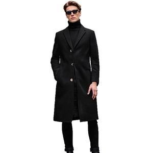 Classic men's black wool trench coat with notch lapel and single-breasted slim fit design