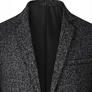 Classic men's casual blazer with grey tweed texture and notched lapel on white background