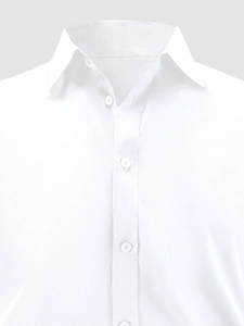Close-up of white business shirt collar and button details on premium cotton fabric