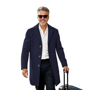 Men's slim-fit navy blue trench coat in mid-length style with single-breasted design