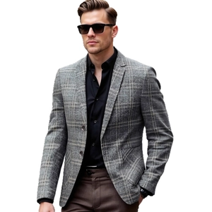 Front view of men's slim fit grey plaid blazer with two buttons for business casual style