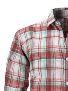Close-up of a red and mint green plaid shirt showing brushed cotton fabric texture