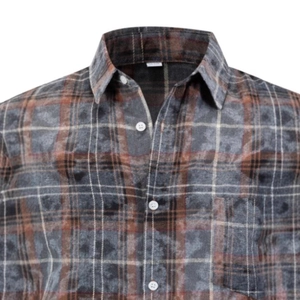 Men's wrinkle-resistant brown and grey plaid flannel shirt with a classic button-down collar