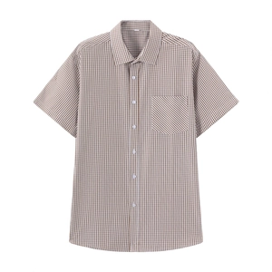 Classic men's short-sleeve gingham shirt in brown and white with a stylish chest pocket