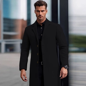 Elegant men's black wool trench coat with standing collar for autumn and winter business wear