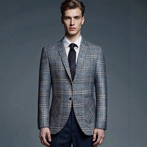 Men's casual grey plaid blazer in slim fit wool blend for administrative meetings