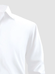 Close-up of the stitching on white stretch dress shirt collar and shoulder seam