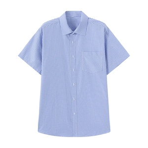 Men's blue and white checkered short sleeve shirt with chest pocket and classic collar
