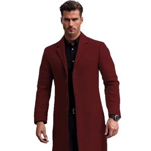 Elegant men's slim fit long wool coat in deep wine red with classic lapel design