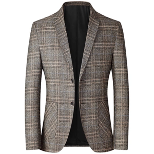 Men's casual brown plaid blazer jacket with classic notched lapels for business style