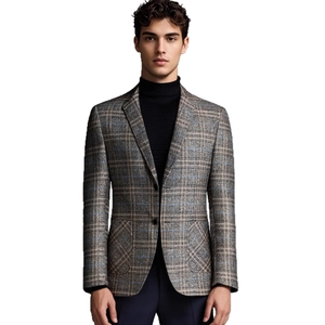 Slim fit men's grey plaid blazer with patch pockets and notch lapel for business casual style