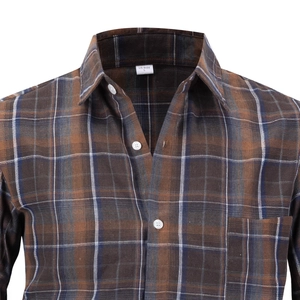 Camicia da uomo casual a maniche lunghe a quadri marroni e blu con taschino sul petto