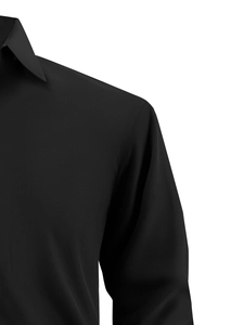 Detail of sharp collar and clean shoulder seams on a black business slim fit dress shirt