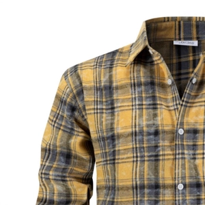 Men's yellow and grey plaid long sleeve flannel shirt with brushed fabric and button collar
