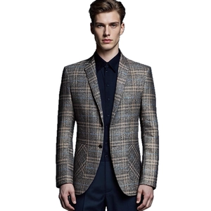Men's slim fit dark grey checked blazer with two-button design and classic lapels