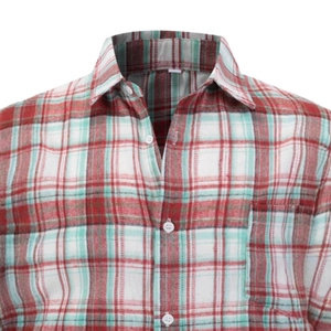 Classic men's long-sleeve striped flannel shirt with a red, white, and green plaid pattern