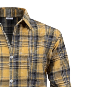 Men's striped business casual shirt in yellow and black flannel cotton with front pocket