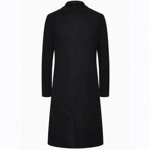 Back view of a classic men's black wool trench coat with a long slim fit silhouette