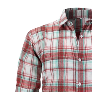 Business casual men's long sleeve plaid shirt in red white and green checkered pattern