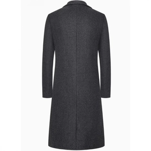 Back view of a long dark grey wool coat with a classic loose fit and straight H-line design